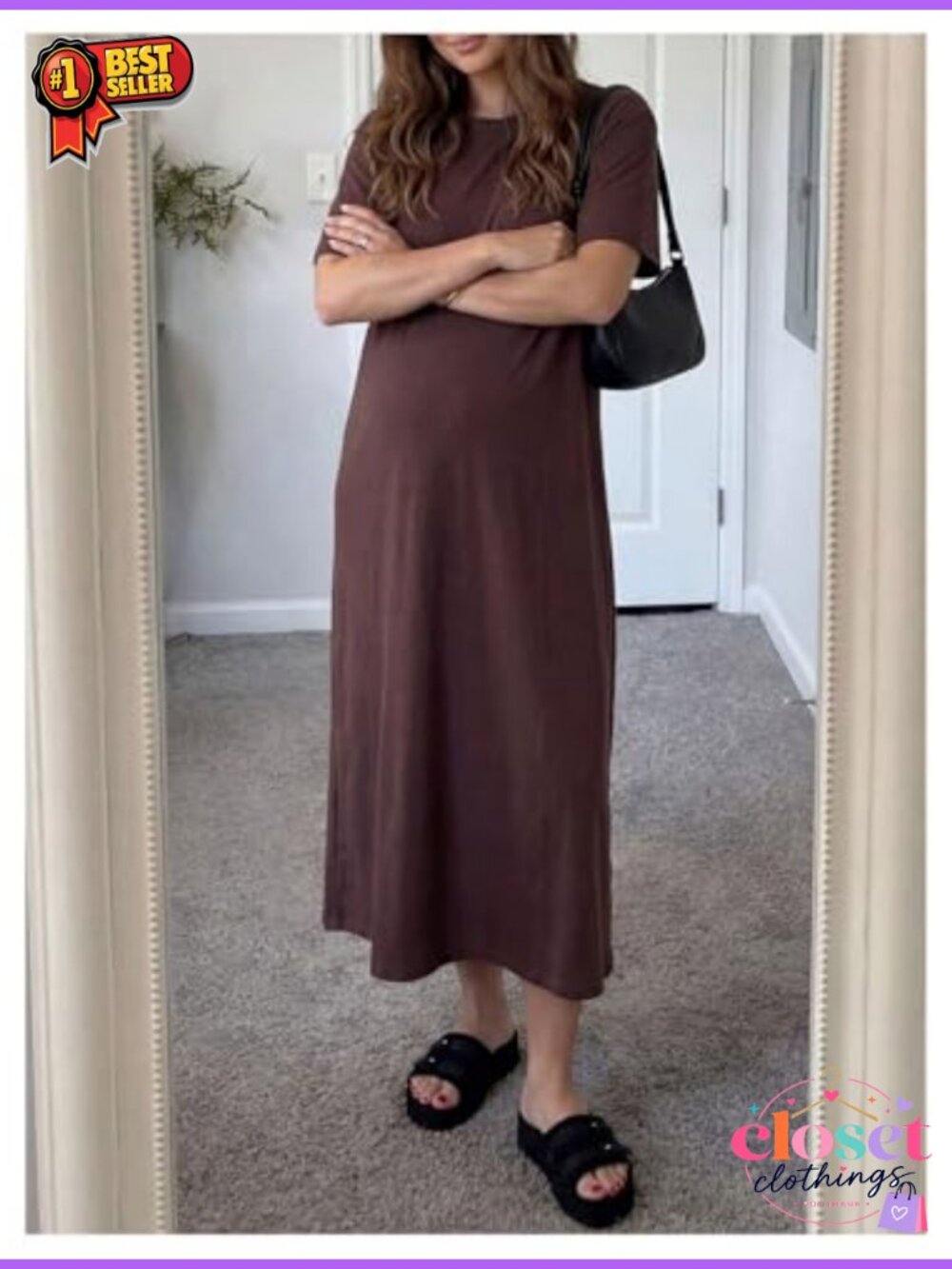 Maternity Maxi Dress Short Sleeve Loose Fit Summer Casual Pregnancy Tshirt Dress - Picture 4 of 4